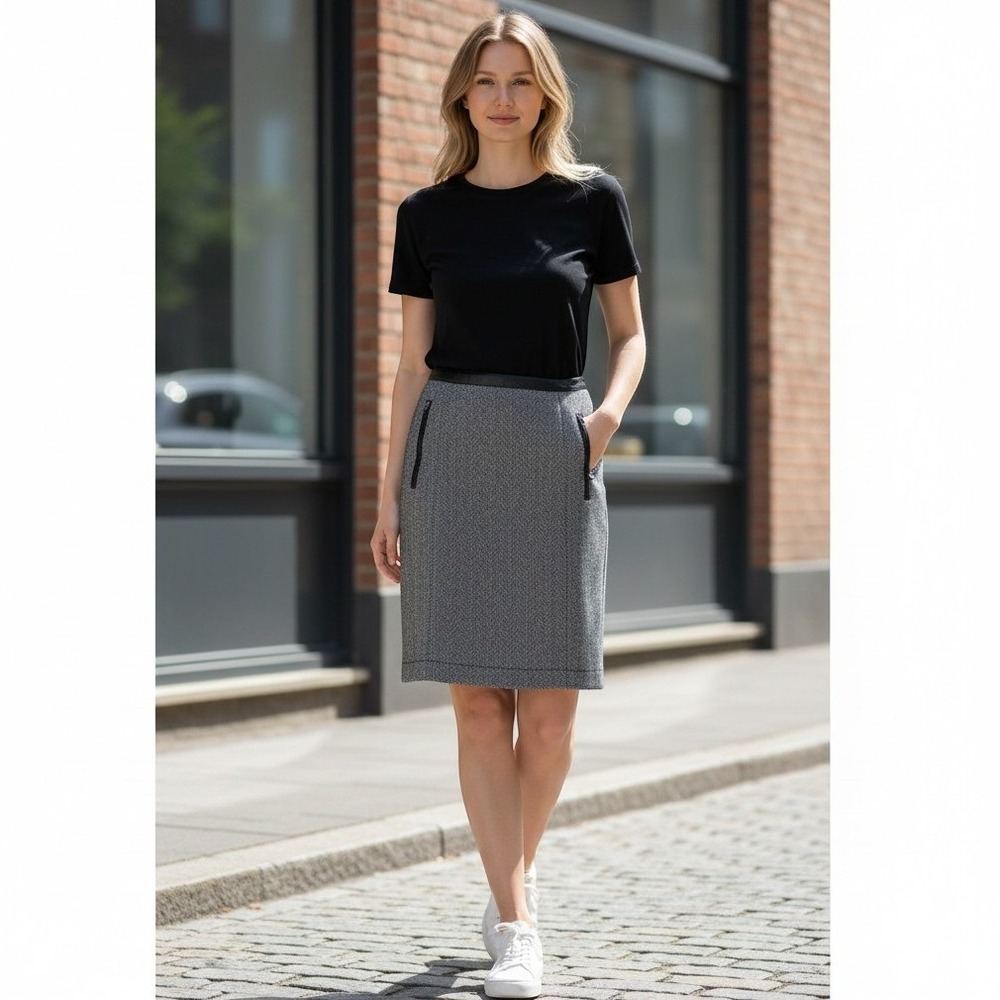 Burberry Brit Grey Herringbone Wool Blend Leather Trim Pencil Skirt Size 10
